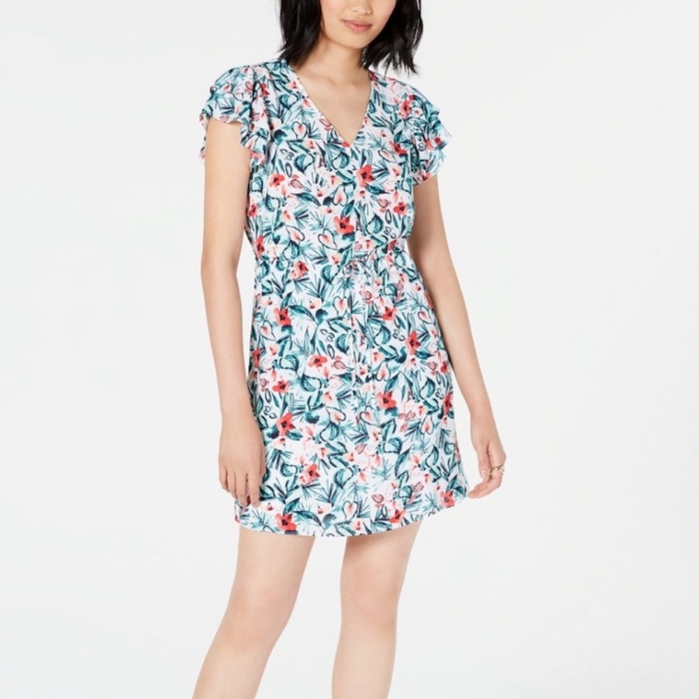 Maison Jules Green Multicolor Floral Tropical Print Short Sleeve Shirt Dress